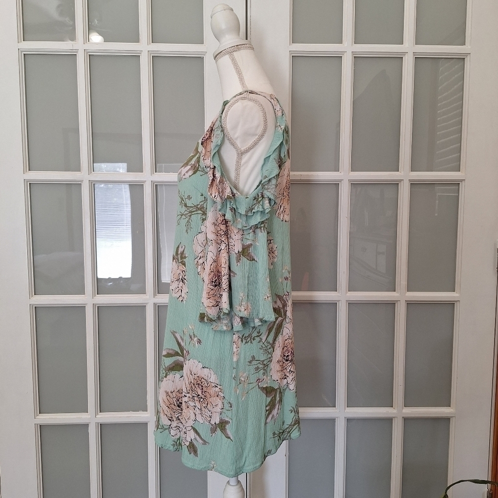 Blu Heaven Mint Green Floral Ruffle Cold-Shoulder Dress - Picture 4 of 14